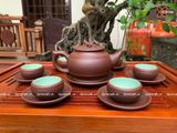  Ấm Chén Bát Tràng gốm Tử Sa dáng Trống Đai Đất chỉ đỏ lòng xanh 300ml | Quà Tặng Doanh Nghiệp bộ ấm chén uống trà 