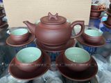  Ấm Chén Bát Tràng gốm Tử Sa dáng Trống Đai Gụ chỉ đỏ lòng xanh 300ml | Quà Tặng Doanh Nghiệp bộ ấm chén uống trà 