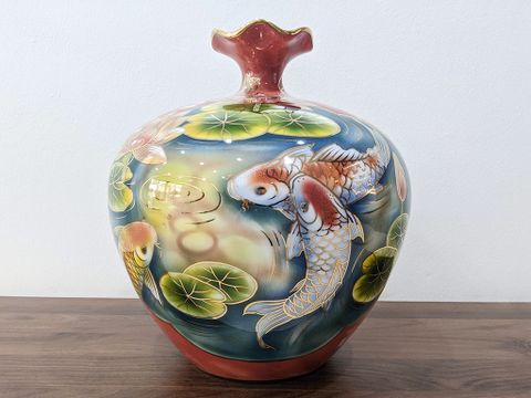  Bình Hút Lộc Bát Tràng vẽ vàng Cá Chép Hoa Sen cao 31cm bụng 30cm | Quà Tặng Khai Trương bình hút lộc Bát Tràng 