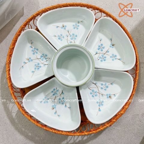 Bát Sứ Bát Tràng Hoa Mặt Trời 5 Cánh họa tiết Tuyết Mai Xanh size 38 | Quà Tặng Doanh Nghiệp bát sứ 