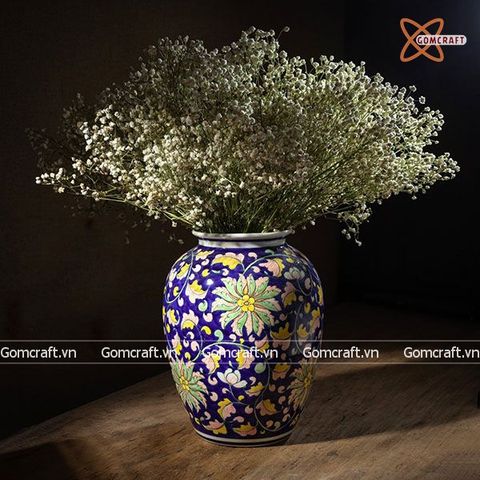  Bình Hoa dáng béo họa tiết Hoa dây kín bình vẽ men màu cao 30cm | Quà Tặng bình hoa Bát Tràng 