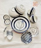  Quà Tặng Doanh Nghiệp bát sứ | Bát Sứ Bát Tràng bộ bát ăn decor gia đình họa tiết Viền Xanh 18 chi tiết 