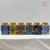  Quà Tặng Doanh Nghiệp Hũ Đựng Trà gốm sứ Bát Tràng dáng vuông men lam vẽ hoa dây kín bình cao 14cm bụng 10cm 
