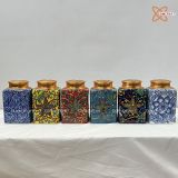  Quà Tặng Doanh Nghiệp Hũ Đựng Trà gốm sứ Bát Tràng cao cấp dáng vuông nền vàng vẽ hoa dây cao 14cm bụng 10cm 