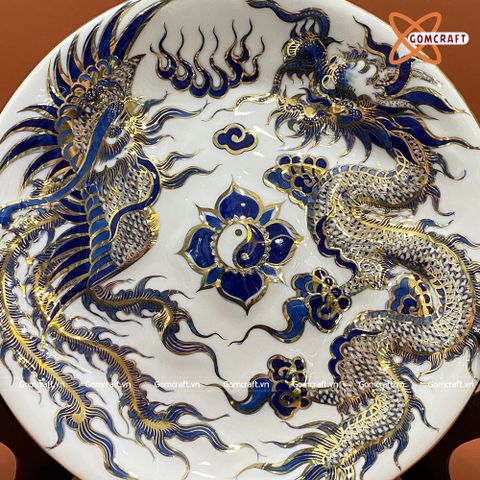  Mâm Bồng Bát Tràng Rồng Phượng men trắng sứ đắp nổi vẽ vàng đường kính 30 cm 