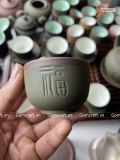  Ấm Chén Bát Tràng gốm Tử Sa dáng Búp Sen khắc chữ Phúc Lộc Thọ Xanh trầm chỉ đỏ lòng trắng 400ml | Quà Tặng Doanh Nghiệp bộ ấm chén uống trà 