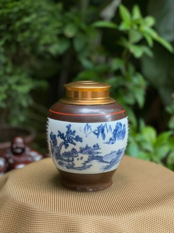 Hũ Đựng Trà Gốm Sứ Bát Tràng Cao Cấp Họa Tiết Sơn Thủy Tùng Chùa Cao 15cm | Quà Tặng Doanh Nghiệp hũ đựng trà bằng gốm 