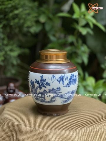  Hũ Đựng Trà Gốm Sứ Bát Tràng Cao Cấp Họa Tiết Sơn Thủy Tùng Chùa Cao 15cm | Quà Tặng Doanh Nghiệp hũ đựng trà bằng gốm 