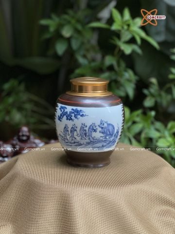  Hũ Đựng Trà Gốm Sứ Bát Tràng Cao Cấp Họa Tiết Đám Cưới Chuột Cao 15cm | Quà Tặng Doanh Nghiệp hũ đựng trà bằng gốm 