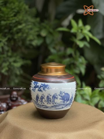  Hũ Đựng Trà Gốm Sứ Bát Tràng Cao Cấp Họa Tiết Đám Cưới Chuột Cao 13cm | Quà Tặng Doanh Nghiệp hũ đựng trà bằng gốm 