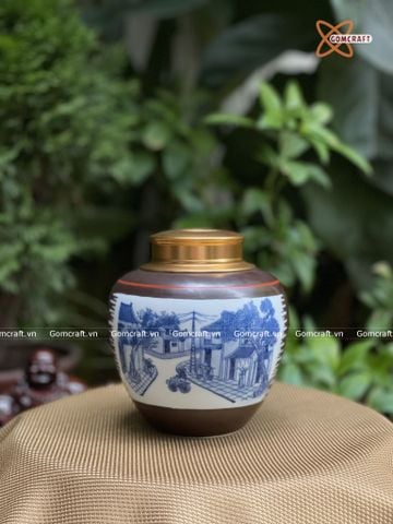  Hũ Đựng Trà Cao Cấp Họa Tiết Quê Hương Cao 13cm | Quà Tặng Doanh Nghiệp hũ đựng trà bằng gốm 