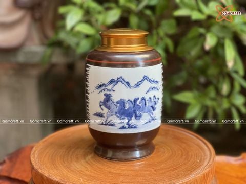  Hũ Đựng Trà Gốm Sứ Bát Tràng Cao Cấp Họa Tiết Mã Đáo Thành Công Cao 18cm | Quà Tặng Doanh Nghiệp hũ đựng trà bằng gốm 