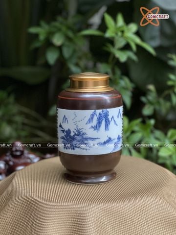  Hũ Đựng Trà Gốm Sứ Bát Tràng Cao Cấp Họa Tiết Sơn Thủy Tùng Chùa Cao 18cm | Quà Tặng Doanh Nghiệp hũ đựng trà bằng gốm 