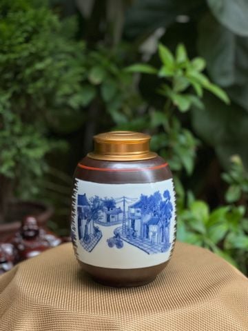  Hũ Đựng Trà Gốm Sứ Bát Tràng Cao Cấp Họa Tiết Quê Hương Cao 18cm Dáng Béo | Quà Tặng Doanh Nghiệp hũ đựng trà bằng gốm 
