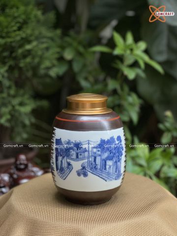  Hũ Đựng Trà Gốm Sứ Bát Tràng Cao Cấp Họa Tiết Quê Hương Cao 18cm Dáng Béo | Quà Tặng Doanh Nghiệp hũ đựng trà bằng gốm 