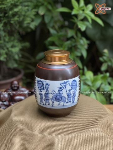  Hũ Đựng Trà Gốm Sứ Bát Tràng Cao Cấp Họa Tiết Vinh Quy Bái Tổ Cao 18cm Dáng Béo | Quà Tặng Doanh Nghiệp hũ đựng trà bằng gốm 