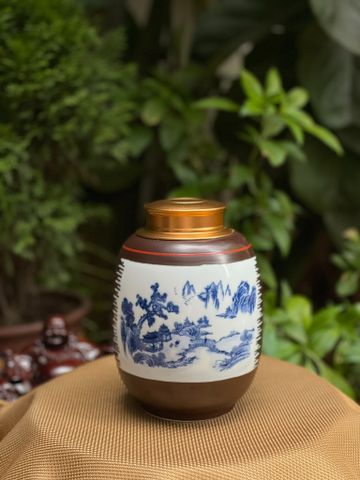  Hũ Đựng Trà Gốm Sứ Bát Tràng Cao Cấp Họa Tiết Sơn Thủy Tùng Chùa Cao 18cm Dáng Béo | Quà Tặng Doanh Nghiệp hũ đựng trà bằng gốm 