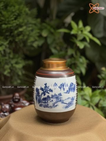  Hũ Đựng Trà Gốm Sứ Bát Tràng Cao Cấp Họa Tiết Sơn Thủy Tùng Chùa Cao 18cm Dáng Béo | Quà Tặng Doanh Nghiệp hũ đựng trà bằng gốm 