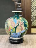  Bình Hút Lộc men màu nền ngọc lục bảo vẽ vàng Công Hoa Phú Quý cao 22cm bụng 19cm | Quà Tặng Khai Trương bình hút lộc Bát Tràng 