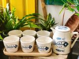  Quà Tặng Doanh Nghiệp bộ ấm chén uống trà | Ấm Chén Bát Tràng vuốt tay decor hiện đại vẽ Cá Xanh 750ml 