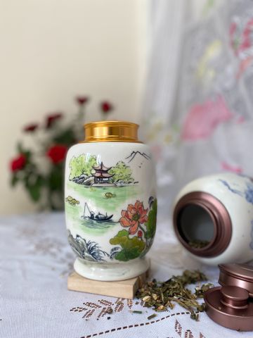  Quà Tặng Doanh Nghiệp hũ đựng trà bằng gốm | Hũ Đựng Trà Cao Cấp dáng bí men màu vẽ Phong Cảnh cao 19cm 