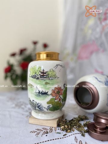 Quà Tặng Doanh Nghiệp hũ đựng trà bằng gốm | Hũ Đựng Trà Cao Cấp dáng bí men màu vẽ Phong Cảnh cao 19cm 