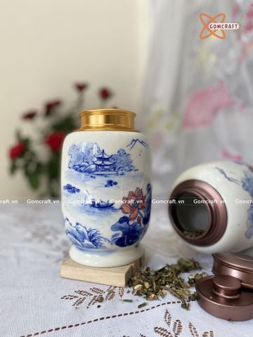  Quà Tặng Doanh Nghiệp hũ đựng trà bằng gốm | Hũ Đựng Trà Cao Cấp dáng bí men lam vẽ Phong Cảnh cao 19cm 
