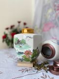  Quà Tặng Doanh Nghiệp hũ đựng trà bằng gốm | Hũ Đựng Trà Cao Cấp dáng vuông men màu vẽ Phong Cảnh cao 18cm 