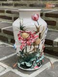  Quà Tặng bình hoa Bát Tràng | Bình Hoa vuốt tay men Màu đắp nổi họa tiết Sen Hạc cao 33cm miệng 15cm 