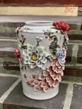  Quà Tặng bình hoa Bát Tràng | Bình Hoa vuốt tay men Màu đắp nổi họa tiết Công Hoa Phú Quý cao 39cm miệng 15cm 