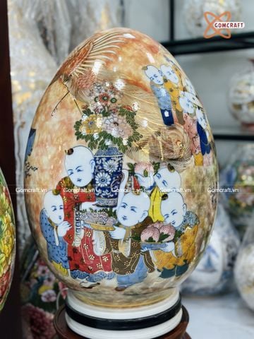  Quà Tặng Cao Cấp Trứng Phong Thủy nền vân đá vẽ màu Bách Nhi Bách Phúc vẽ vàng cao 50cm bụng 38cm 