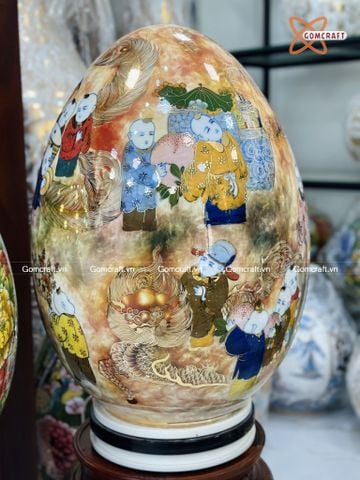  Quà Tặng Cao Cấp Trứng Phong Thủy nền vân đá vẽ màu Bách Nhi Bách Phúc vẽ vàng cao 50cm bụng 38cm 