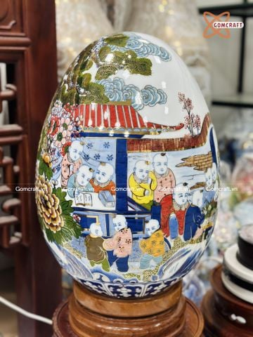  Quà Tặng Cao Cấp Trứng Phong Thủy men khử vẽ màu Bách Nhi Bách Phúc vẽ vàng cao 50cm bụng 38cm 