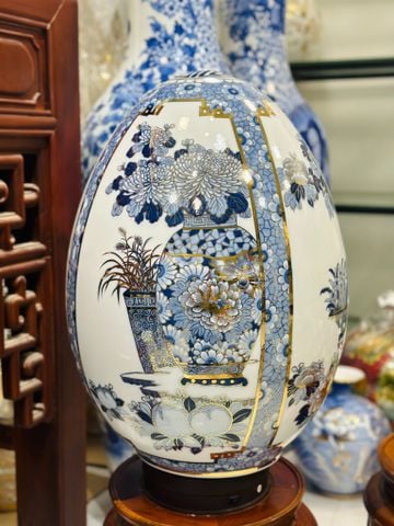  Quà Tặng Cao Cấp Trứng Phong Thủy men lam vẽ Tứ Cảnh Cổ Đồ vẽ vàng cao 50cm bụng 38cm 