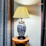  Quà Sinh Nhật | Đèn trang trí phòng ngủ Gốm sứ Bát Tràng vuốt tay dáng bí vẽ Nụ Tầm Xuân men lam cao 58cm 