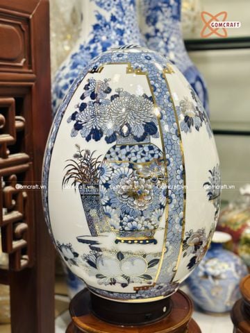  Quà Tặng Cao Cấp Trứng Phong Thủy men lam vẽ Tứ Cảnh Cổ Đồ vẽ vàng cao 60cm bụng 39cm 