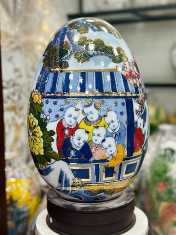  Quà Tặng Cao Cấp Trứng Phong Thủy vẽ màu Bách Nhi Bách Phúc vẽ vàng cao 40cm bụng 27cm 