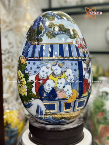  Quà Tặng Cao Cấp Trứng Phong Thủy vẽ màu Bách Nhi Bách Phúc vẽ vàng cao 40cm bụng 27cm 