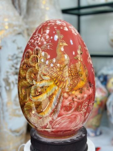  Quà Tặng Cao Cấp Trứng Phong Thủy nền đỏ vẽ Công Danh Phú Quý vẽ vàng cao 40cm bụng 27cm 