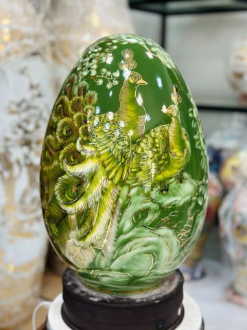 Quà Tặng Cao Cấp Trứng Phong Thủy nền xanh lục bảo vẽ Công Danh Phú Quý vẽ vàng cao 40cm bụng 27cm 