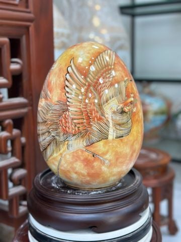  Quà Tặng Cao Cấp Trứng Phong Thủy nền vàng vân đá vẽ Rồng Phượng vẽ vàng cao 40cm bụng 27cm 