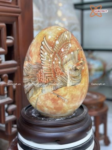  Quà Tặng Cao Cấp Trứng Phong Thủy nền vàng vân đá vẽ Rồng Phượng vẽ vàng cao 40cm bụng 27cm 