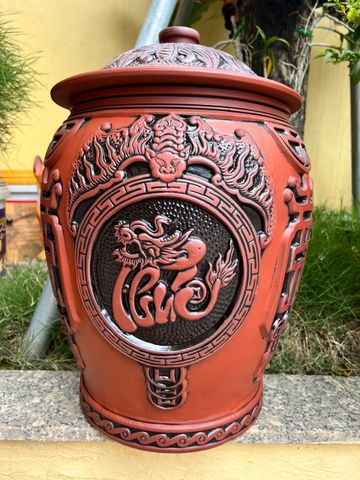  Quà tặng cao cấp Hũ gạo tài lộc chất liệu sành cao cấp khắc nổi Phúc Lộc Thọ dung tích 20 lít 