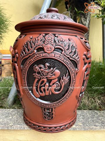  Quà tặng cao cấp Hũ gạo tài lộc chất liệu sành cao cấp khắc nổi Phúc Lộc Thọ dung tích 20 lít 