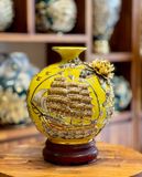  Quà Tặng Khai Trương Bình hút lộc Thuận buồm xuôi gió nền vàng vẽ vàng đắp nổi kênh hoa cao 26cm 