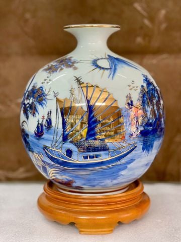  Bình Hút Lộc Bát Tràng Thuận Buồm Xuôi Gió men lam vẽ vàng | Quà Tặng Khai Trương bình hút lộc Bát Tràng 