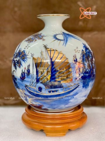  Bình Hút Lộc Bát Tràng Thuận Buồm Xuôi Gió men lam vẽ vàng | Quà Tặng Khai Trương bình hút lộc Bát Tràng 