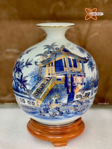  Bình Hút Lộc Bát Tràng Chùa Một Cột men lam vẽ vàng cao 38 cm | Quà Tặng Khai Trương bình hút lộc Bát Tràng 