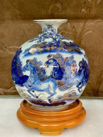  Bình Hút Lộc Bát Tràng Mã Đáo Thành Công men lam vẽ vàng | Quà Tặng Khai Trương bình hút lộc Bát Tràng 