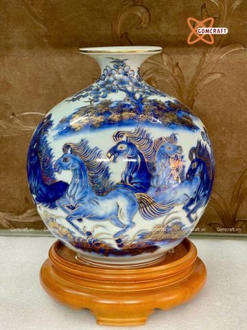  Bình Hút Lộc Bát Tràng Mã Đáo Thành Công men lam vẽ vàng | Quà Tặng Khai Trương bình hút lộc Bát Tràng 